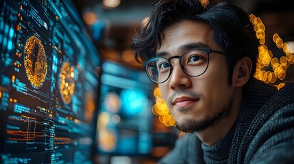 A focused researcher programming a supercomputer