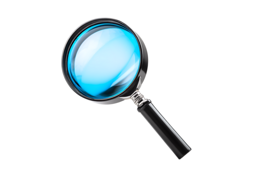 Magnifying glass with blue lens isolated on black background, On Transparent Background