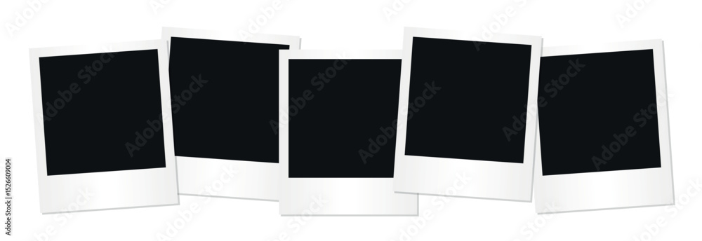 Poster set of five blank vintage instant photo frames with white borders stacked overlapping isolated on tr
