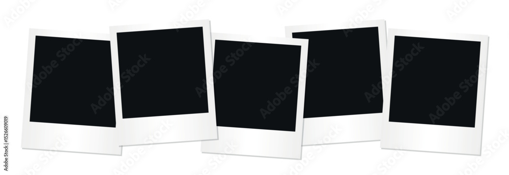 Poster horizontal spread of five overlapping black polaroid instant photo frames on transparent background 
