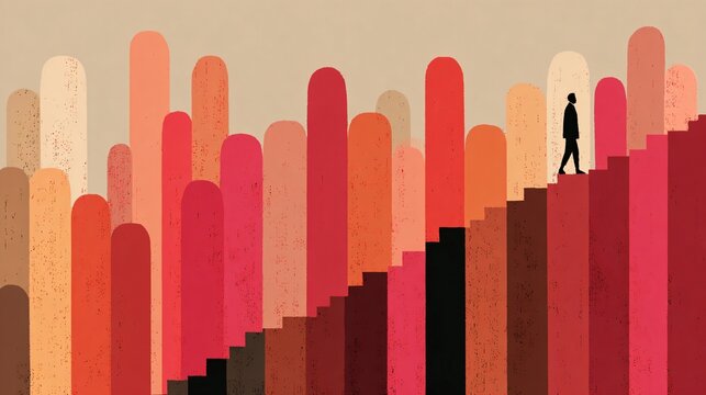 A lone silhouette figure ascends a staircase of varying heights, representing ambition, progress, and the challenges faced on the path to success and achievement.