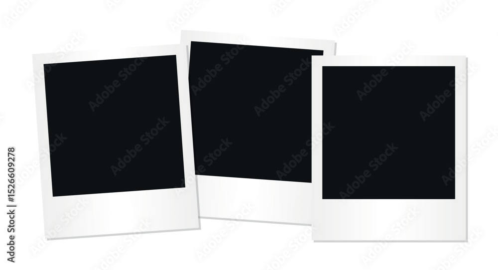 Poster three stacked blank retro photo frames with white borders arranged side by side isolated on transpar