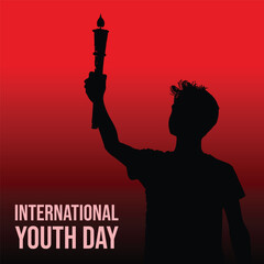 International Youth Day flat youth silhouette holding torch vibrant red background