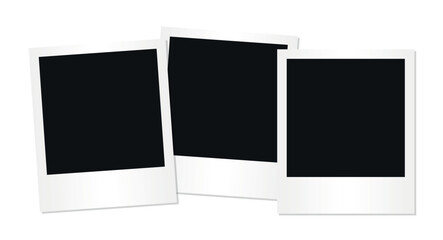 Three stacked blank retro photo frames with white borders arranged side by side isolated on transparent background classic vintage instant photography template layout for collage design
