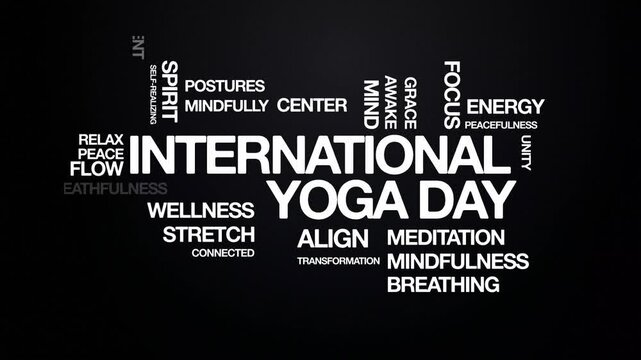 International yoga day  Animated Tag Word Cloud kinetic typography concept, Text Design Animation typography seamless loop video motion graphics Intro 4k, animated Word Art Looping Text effects black