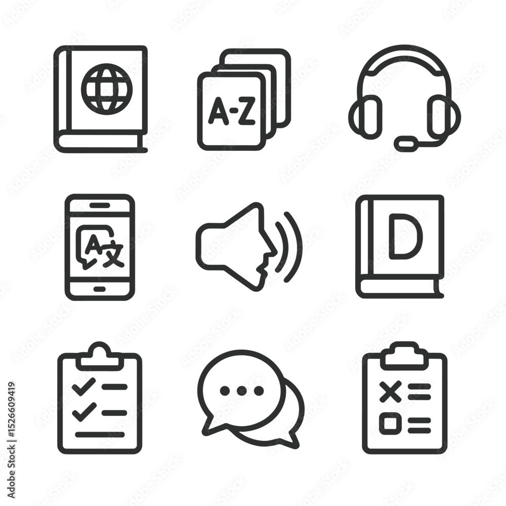 Poster language learning icons. outline icon set of language learning tools: textbook, flashcard stack, aud