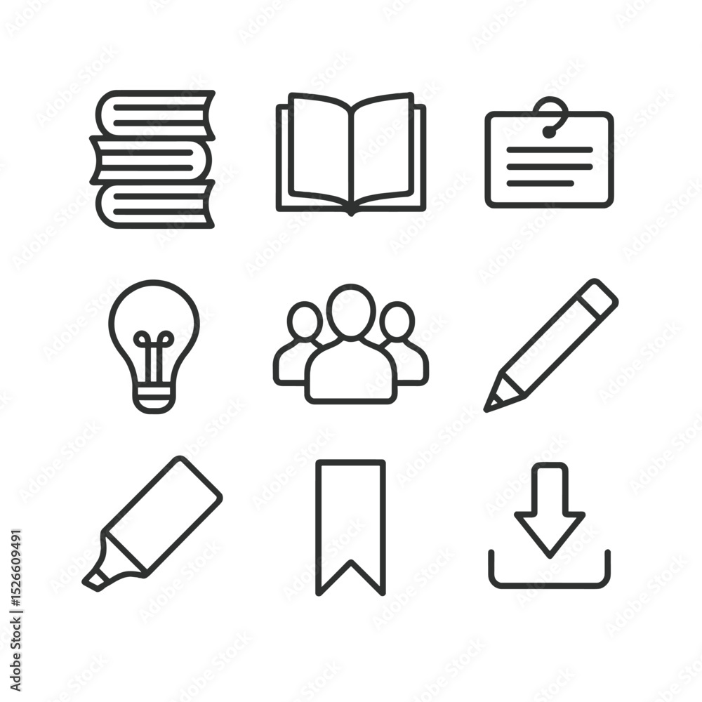 Poster learning resources icons. outline icon set of shared learning resources: textbook stack, open book, 