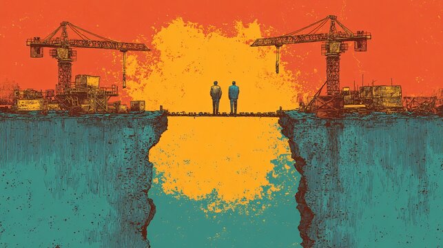 Two figures stand on a precarious bridge spanning a chasm, symbolizing a critical connection between development sites under construction and orange sky above.