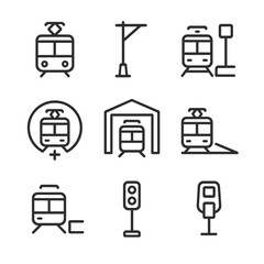 Plakat Light Rail Icons. Outline icon set of light rail and trams: tram car, overhead wire, tram stop, turntable, depot, low-floor ramp,