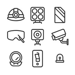 Lighting Icon Set. Outline icon set of lighting and visibility: helmet lamp, floodlight array, reflective tape, visor wiper, light