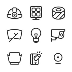 Lighting Icon Set. Outline icon set of lighting and visibility: helmet lamp, floodlight array, reflective tape, visor wiper, light