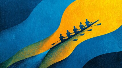 A team of rowers works together in a on the water, propelled forward by teamwork and collaboration in a graphic illustration symbolizing success.