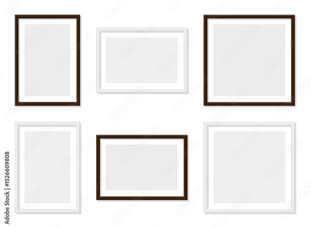 Poster set of vertical, horizontal and square picture frames with white and brown borders isolated on trans