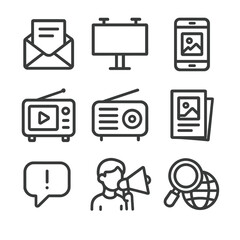 Mass Marketing Icons. Outline icon set of mass marketing channels: email newsletter, billboard ad, social media post, TV