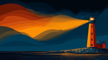 A vibrant lighthouse casts its bright golden beam across the dark wavy ocean landscape du the peaceful night, illuminating the coastal scene beautifully.