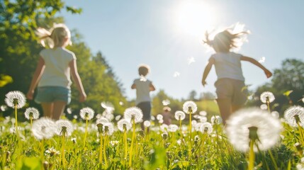 Fototapeta premium Happy Children Running Through Dandelion Field on Sunny Day