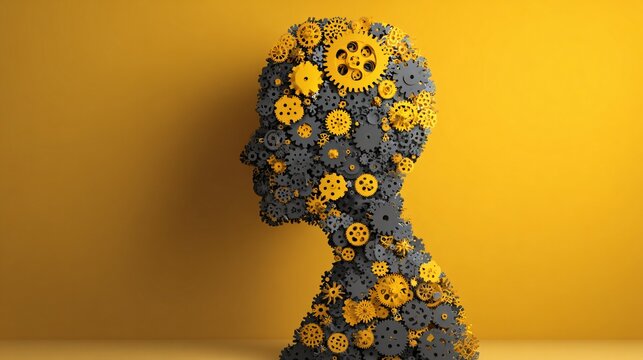 An abstract representation of the human mind depicted as a head and neck silhouette filled with intricate gray and yellow gears on a gradient yellow background.