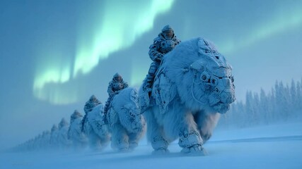 Magnificent mechanical beasts traverse the snowy plains under the aurora borealis sky - Powered by Adobe