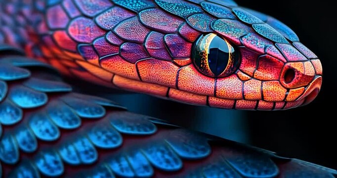 Close-up of a reptile's head, vibrant colors, and scales. Focus on the eye and details, with a black background