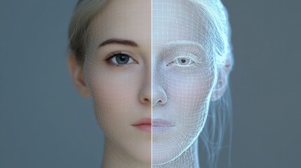 Digital Face Scan: A close-up portrait of a woman's face, half showing her natural features and the other half showcasing a detailed digital scan.