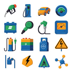 vector icons to vehicle fueling and charging a gasoline pump, an electric vehicle plug hydrogen mole