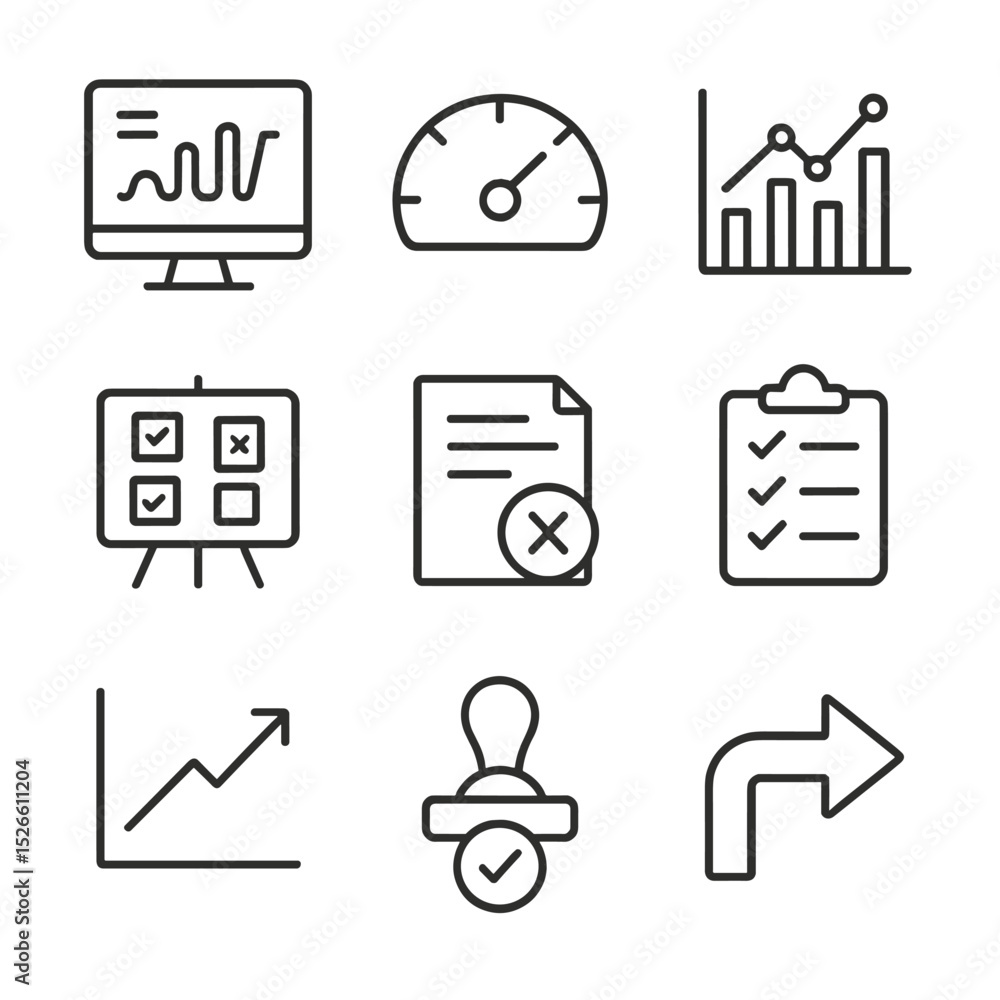 Aufkleber monitoring icon set. outline icon set of monitoring and controlling: dashboard screen, kpi gauge, va