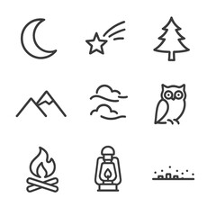 Moonlit Night Icons. Outline icon set of moonlit night sky elements: crescent moon, shooting star, silhouette tree, mountain ridge