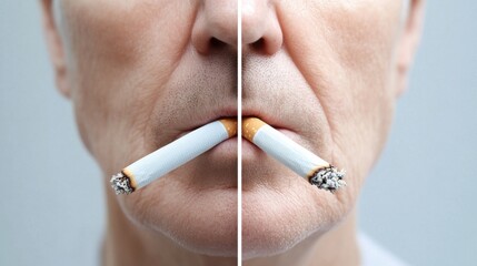 Smoking Cessation: A split image showing the face of a person, with a cigarette in their mouth on one side, and no cigarette on the other, illustrating the contrast between smoking and quitting.