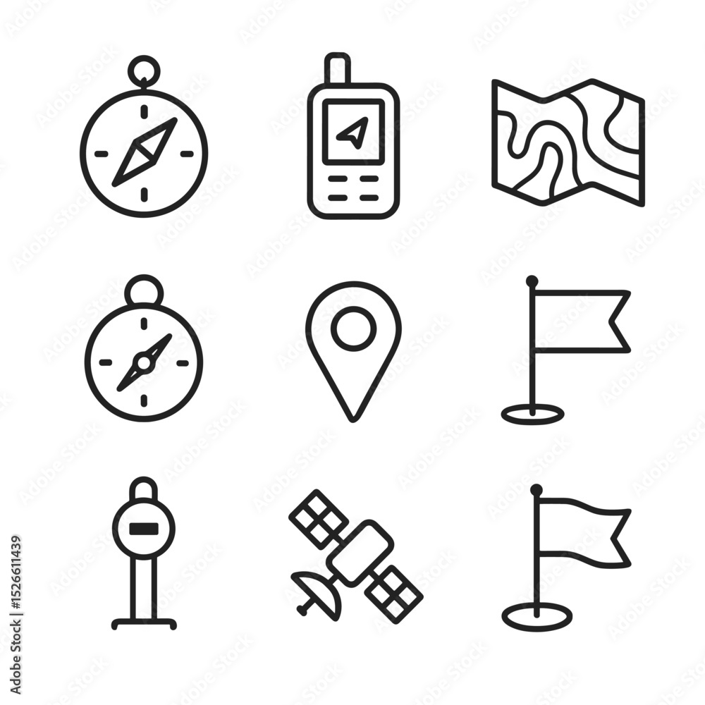Poster navigation tools icons. outline icon set of navigation tools: compass, handheld gps, topographic map