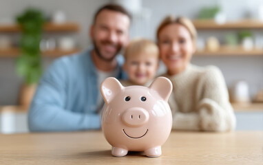 Happy family plans their budget together with smiling piggy bank in foreground symbolizing financial planning and saving for future in cozy home setting