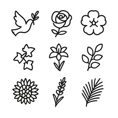 Fototapeta premium Nature Outline Icons. Outline icon set of dove and flora: olive twig, rose bloom, cherry blossom, lily stem, ivy vine, eucalyptus