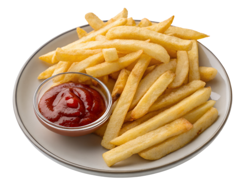 French Fries with Ketchup on a Plate Isolated on transparent background, Isolated Png file, Cut-out, Isolate Png, No Background, Isolated object