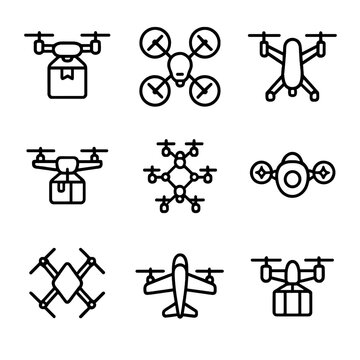 Next-Gen Drone Icons. Outline icon set of next-gen drones and UAVs: delivery drone, surveillance quadcopter, foldable drone, solar