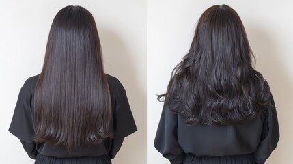 Hair Transformation: A visually captivating before-and-after comparison showcases sleek, straight hair morphing into voluminous waves, illustrating the transformative power of styling.