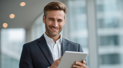 Young businessman using tablet in modern office with city view