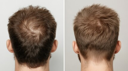 Hair Loss Comparison: A before-and-after of a man's scalp showing a thinning spot, with the after showing improvement