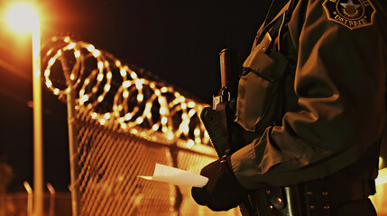 Stern uniformed border patrol officer inspecting documents at night checkpoint, security and immigration control concept for law enforcement and customs authority.