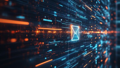 Fototapeta premium A futuristic digital background with glowing data streams and an envelope icon, representing the power of email marketing in business communication