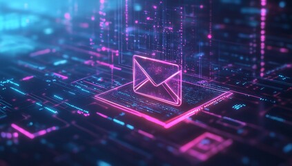 A futuristic digital background with glowing data streams and an envelope icon, representing the power of email marketing in business communication