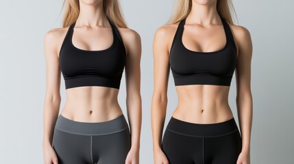 Body Transformation: Two female athletes showcase a before-and-after transformation, highlighting the results of dedication, discipline, and a healthy fitness journey.