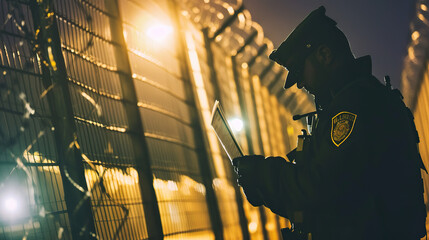 Stern uniformed border patrol officer inspecting documents at night checkpoint, security and immigration control concept for law enforcement and customs authority.