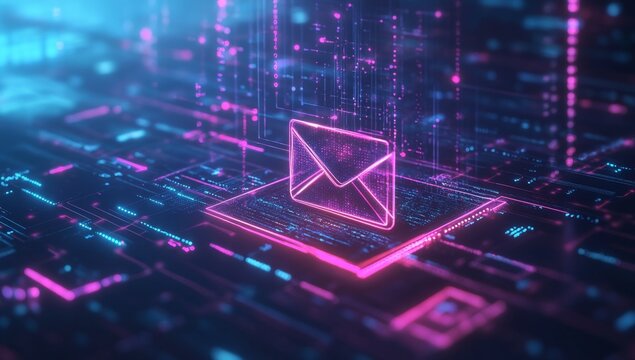 A futuristic digital background with glowing data streams and an envelope icon, representing the power of email marketing in business communication
