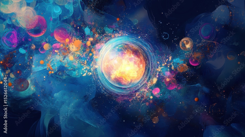 Poster colorful planet surrounded by glowing nebula in outer space