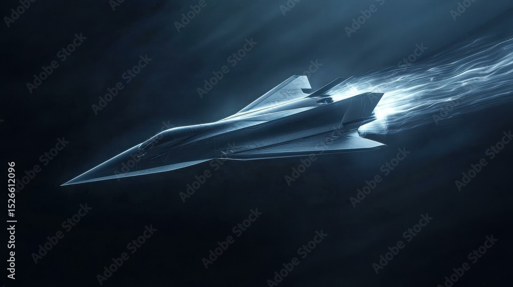 Poster futuristic spaceship flying through dark outer space