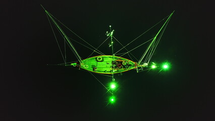 Green lights from a squid fishing boat create a mesmerizing scene on the dark waters near Koh Ma Beach, Koh Phangan Island, Thailand, attracting squid with their bright glow