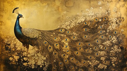 Elegant peacock painting golden background beautiful bird art print home decor wall art canvas artwork design