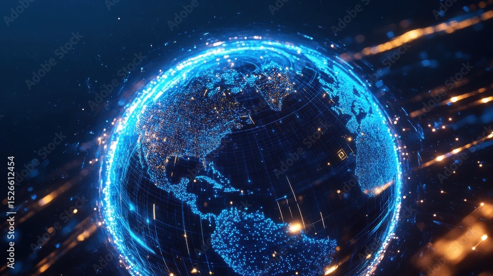 Poster Globe with glowing data streams in futuristic digital space