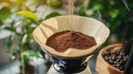 Morning Coffee Ritual: Steaming brew filters through coffee grounds, an aromatic prelude to the day, while lush greenery adds serenity to this daily ritual.
