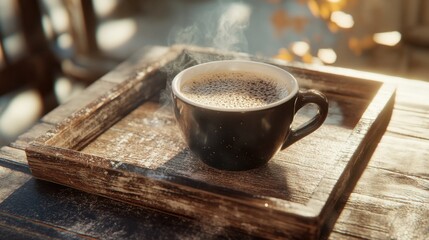 Morning Ritual: A steaming cup of coffee sits serenely on a rustic wooden tray, inviting you to savor a moment of tranquility. The sunlight gently caresses the scene.
