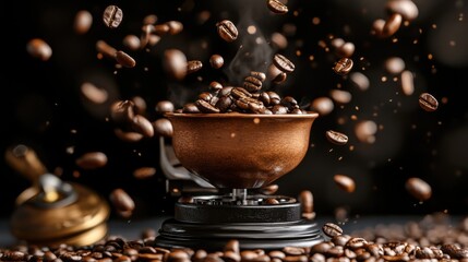 Coffee Bean Symphony: Capture the essence of aromatic coffee beans cascading gracefully around a vintage grinder, set against a depth of field for captivating visual.